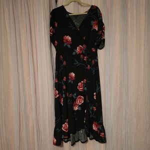 Torrid 1 Black Floral Wrap Midi Dress with Red Roses